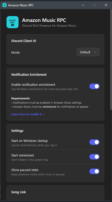 Amazon Music RPC settings window